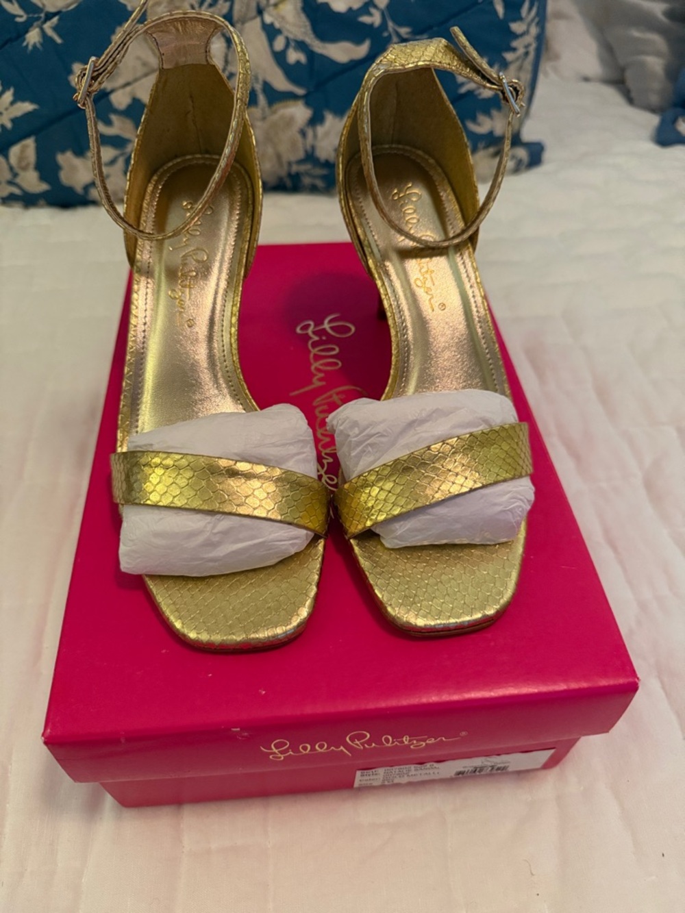 Lilly Pulitzer Gold Snake-Print Ankle-Strap Heels